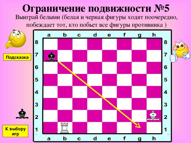 Ограничение подвижности №5 Выиграй белыми (белая и черная фигуры ходят поочередно, побеждает тот, кто побьет все фигуры противника ) Подсказка К выбору игр