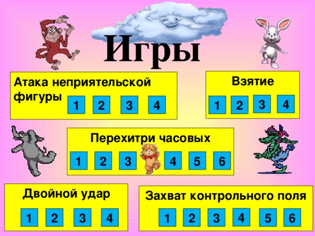 Игры Взятие   Атака неприятельской фигуры  4 3 1 4 3 2 2 1 Перехитри часовых   4 6 5 1 3 2 Двойной удар   Захват контрольного поля  4 6 1 2 3 4 1 2 5 3