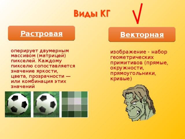 Растровая Векторная оперирует двумерным массивом (матрицей) пикселей. Каждому пикселю сопоставляется значение яркости, цвета, прозрачности — или комбинация этих значений изображение - набор геометрических примитивов (прямые, окружности, прямоугольники, кривые)  