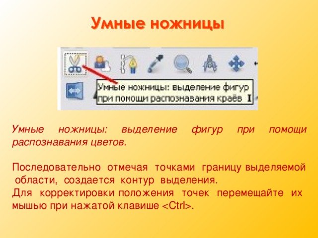 Умные ножницы: выделение фигур при помощи распознавания цветов.  Последовательно отмечая точками границу выделяемой области, создается контур выделения. Для корректировки положения точек перемещайте их мышью при нажатой клавише . 11 