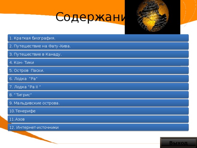 Содержание 1. Краткая биография. 2. Путешествие на Фату-Хива. 3. Путешествие в Канаду. 4. Кон- Тики 5. Остров Пасхи. 6. Лодка “Ра” 7. Лодка “Ра II ” 8. “Тигрис” 9. Мальдивские острова. 10.Тенерифе 11.Азов 12. Интернет-источники Выход 