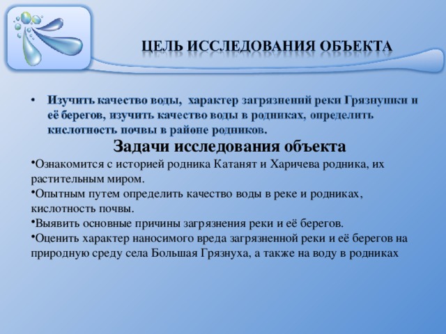 Задачи исследования объекта Ознакомится с историей родника Катанят и Харичева родника, их растительным миром. Опытным путем определить качество воды в реке и родниках, кислотность почвы. Выявить основные причины загрязнения реки и её берегов. Оценить характер наносимого вреда загрязненной реки и её берегов на природную среду села Большая Грязнуха, а также на воду в родниках   