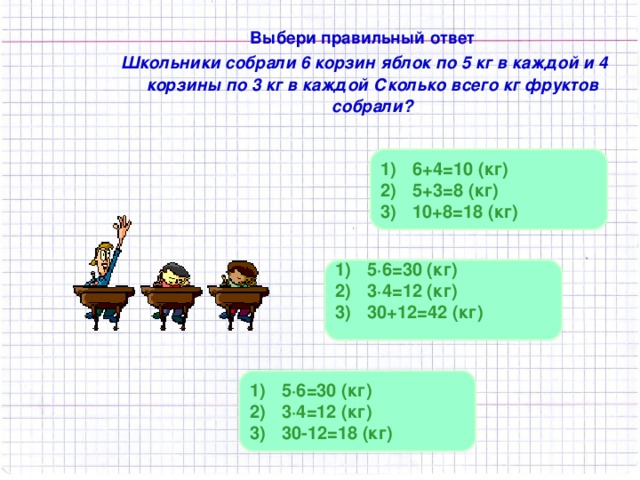 Выбери правильный ответ Школьники собрали 6 корзин яблок по 5 кг в каждой и 4 корзины по 3 кг в каждой Сколько всего кг фруктов собрали? Выбери правильный ответ Школьники собрали 6 корзин яблок по 5 кг в каждой и 4 корзины по 3 кг в каждой Сколько всего кг фруктов собрали? 6+4=10 (кг) 5+3=8 (кг) 10+8=18 (кг) 5 ·6=30 (кг) 3·4=12 (кг) 30+12=42 (кг)