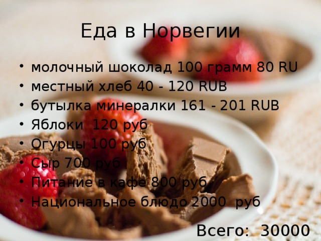 Еда в Норвегии молочный шоколад 100 грамм 80 RU местный хлеб 40 - 120 RUB бутылка минералки 161 - 201 RUB Яблоки 120 руб Огурцы 100 руб Сыр 700 руб Питание в кафе 800 руб Национальное блюдо 2000 руб Всего: 30000 руб 