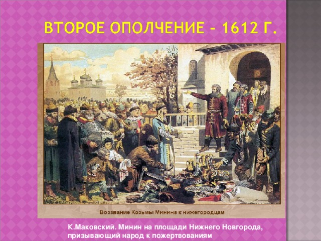К.Маковский. Минин на площади Нижнего Новгорода, призывающий народ к пожертвованиям 