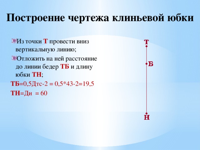 Построение чертежа клиньевой юбки Из точки Т провести вниз вертикальную линию; Отложить на ней расстояние до линии бедер ТБ и длину юбки ТН ; ТБ =0,5Дтс-2 = 0,5*43-2=19,5 ТН =Ди = 60 