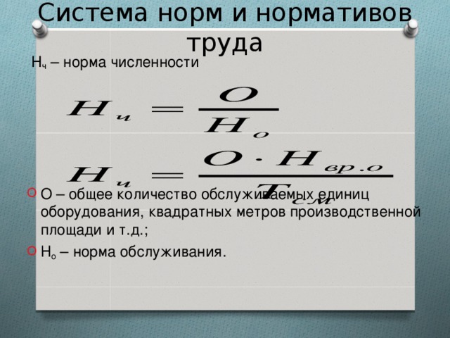 Система норм и нормативов труда  Н ч – норма численности О – общее количество обслуживаемых единиц оборудования, квадратных метров производственной площади и т.д.; Н о – норма обслуживания. 