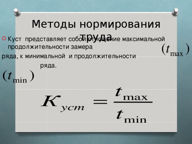 Методы нормирования труда Куст представляет собой отношение максимальной продолжительности замера ряда, к минимальной и продолжительности   ряда. 