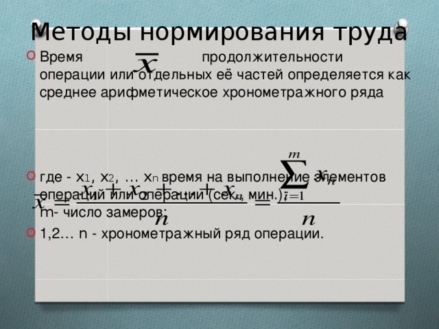Методы нормирования труда Время    продолжительности операции или отдельных её частей определяется как среднее арифметическое хронометражного ряда    где - x 1 , x 2 , … x n время на выполнение элементов операций или операции (сек., мин.); m - число замеров; 1,2… n  - хронометражный ряд операции.   