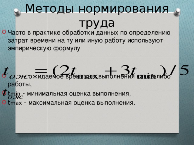 Методы нормирования труда Часто в практике обработки данных по определению затрат времени на ту или иную работу используют эмпирическую формулу    - ожидаемое время для выполнения какой-либо работы, t min - минимальная оценка выполнения , t max - максимальная оценка выполнения .  