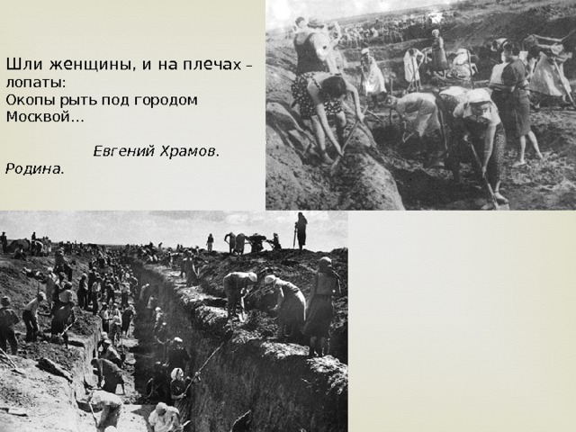 Шли женщины, и на плеча х – лопаты: Окопы рыть под городом Москвой…  Евгений Храмов. Родина. 