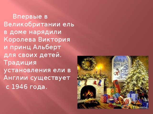  Впервые в Великобритании ель в доме нарядили Королева Виктория и принц Альберт для своих детей. Традиция установления ели в Англии существует  с 1946 года. 