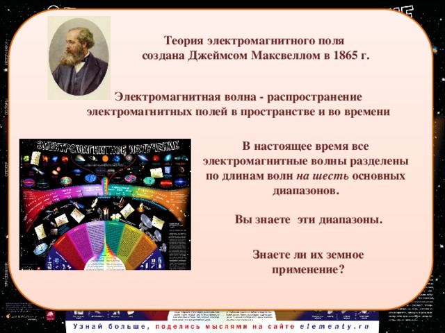 Теория электромагнитного поля создана Джеймсом Максвеллом в 1865 г.   Электромагнитная волна - распространение электромагнитных полей в пространстве и во времени В настоящее время все электромагнитные волны разделены по длинам волн на шесть основных диапазонов. Вы знаете эти диапазоны. Знаете ли их земное применение?  