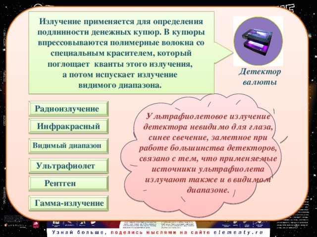  Излучение применяется для определения подлинности денежных купюр. В купюры впрессовываются полимерные волокна со специальным красителем, который поглощает кванты этого излучения, а потом испускает излучение видимого диапазона. Детектор валюты Радиоизлучение Ультрафиолетовое излучение детектора невидимо для глаза, синее свечение, заметное при работе большинства детекторов, связано с тем, что применяемые источники ультрафиолета излучают также и в видимом диапазоне. Инфракрасный   Видимый диапазон  Ультрафиолет Рентген  Гамма-излучение  8 