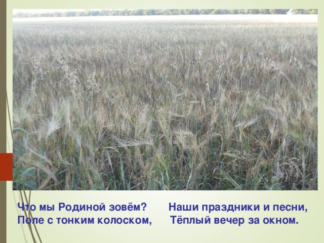 Что мы Родиной зовём? Наши праздники и песни,  Поле с тонким колоском, Тёплый вечер за окном.   