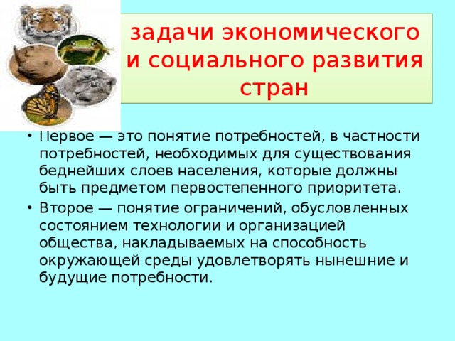 задачи экономического и социального развития стран Первое — это понятие потребностей, в частности потребностей, необходимых для существования беднейших слоев населения, которые должны быть предметом первостепенного приоритета. Второе — понятие ограничений, обусловленных состоянием технологии и организацией общества, накладываемых на способность окружающей среды удовлетворять нынешние и будущие потребности. 