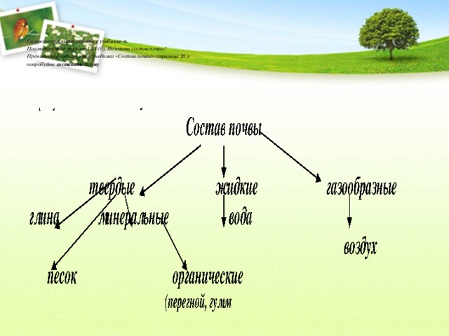   Самостоятельная работа с учебником.   Посмотрите на рисунок 1.11 (б). Назовите состав почвы?  Прочитайте подзаголовок учебника «Состав почвы» страница 26 и  попробуйте составить схему    