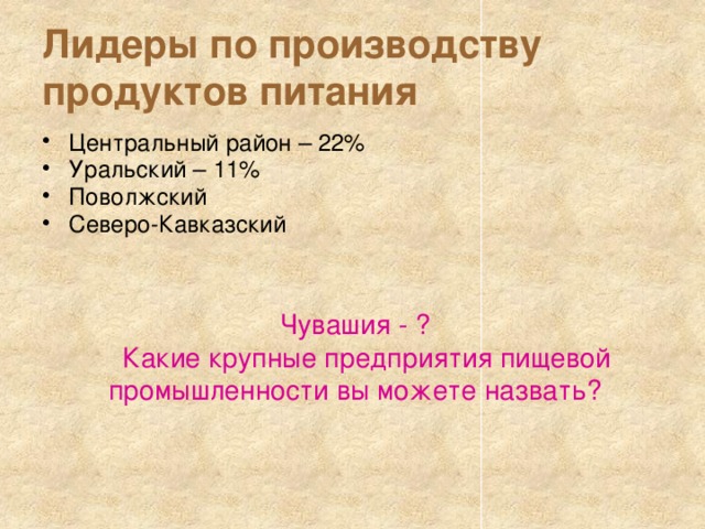 Лидеры по производству продуктов питания Центральный район – 22% Уральский – 11% Поволжский Северо-Кавказский Чувашия - ?  Какие крупные предприятия пищевой промышленности вы можете назвать? 