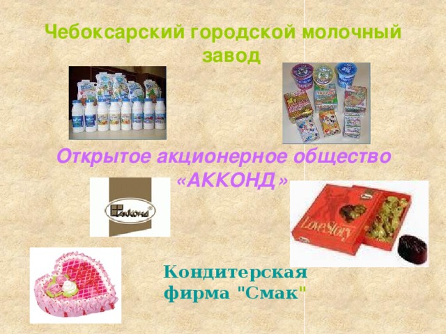 Чебоксарский городской молочный завод   Открытое акционерное общество  «АККОНД» Кондитерская фирма 