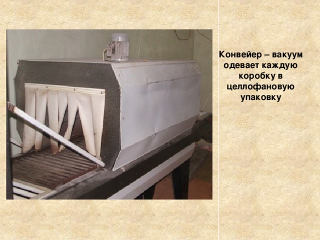 Конвейер – вакуум одевает каждую коробку в целлофановую упаковку   