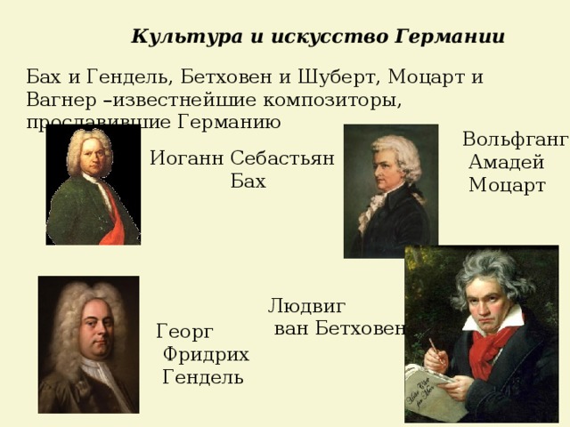 Культура и искусство Германии Бах и Гендель, Бетховен и Шуберт, Моцарт и Вагнер –известнейшие композиторы, прославившие Германию Вольфганг  Амадей  Моцарт Иоганн Себастьян  Бах Людвиг  ван Бетховен Георг  Фридрих  Гендель 
