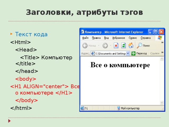 Заголовки, атрибуты тэгов Текст кода      Компьютер       Все о компьютере     