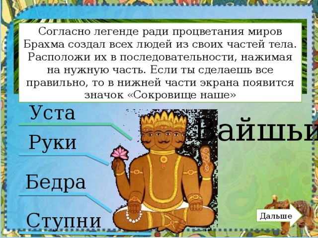 Согласно легенде ради процветания миров Брахма создал всех людей из своих частей тела. Расположи их в последовательности, нажимая на нужную часть. Если ты сделаешь все правильно, то в нижней части экрана появится значок «Сокровище наше» Уста Вайшьи Руки Бедра Дальше Ступни 