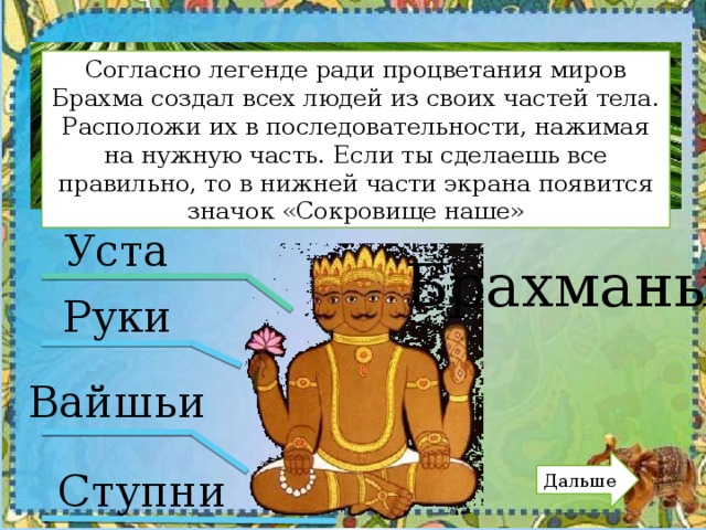 Согласно легенде ради процветания миров Брахма создал всех людей из своих частей тела. Расположи их в последовательности, нажимая на нужную часть. Если ты сделаешь все правильно, то в нижней части экрана появится значок «Сокровище наше» Уста Брахманы Руки Вайшьи Дальше Ступни 
