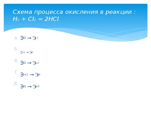 Схема процесса окисления в реакции :  H 2 + Сl 2 = 2HCl Э 0  → Э -1 Э -1  → Э 0 Э 0  → Э +1 Э +1  → Э 0 Э 0  → Э +3 