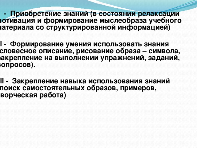 I - Приобретение знаний (в состоянии релаксации мотивация и формирование мыслеобраза учебного материала со структурированной информацией)  II - Формирование умения использовать знания (словесное описание, рисование образа – символа, закрепление на выполнении упражнений, заданий, вопросов).  III - Закрепление навыка использования знаний (поиск самостоятельных образов, примеров, творческая работа) 