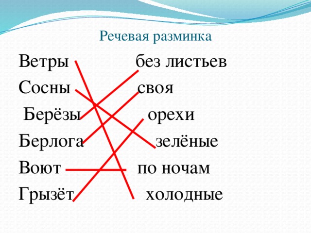 Речевая разминка Ветры без листьев Сосны своя  Берёзы орехи Берлога зелёные Воют по ночам Грызёт холодные 