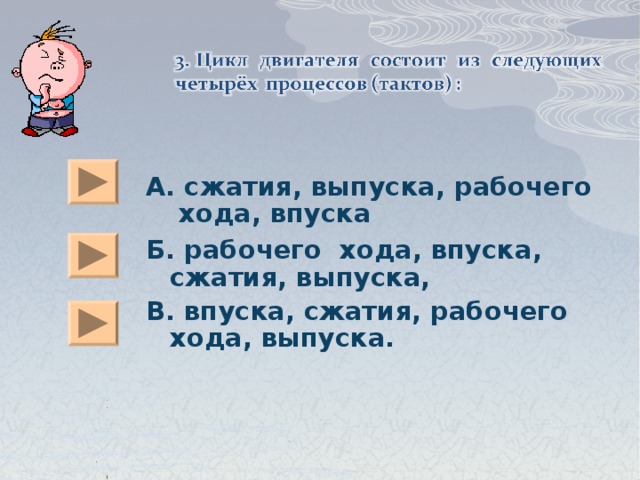  А. сжатия, выпуска, рабочего хода, впуска Б. рабочего хода, впуска,  сжатия, выпуска, В. впуска, сжатия, рабочего хода, выпуска.  