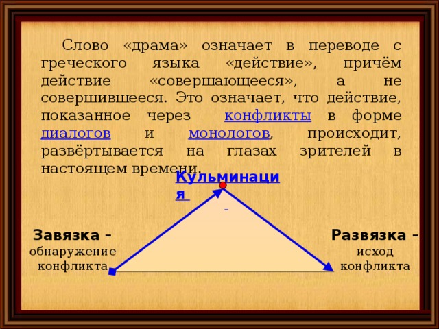 Слово «драма» означает в переводе с греческого языка «действие», причём действие «совершающееся», а не совершившееся. Это означает, что действие, показанное через конфликты  в форме диалогов и монологов ,  происходит, развёртывается на глазах зрителей в настоящем времени. Завязка –  обнаружение конфликта Развязка –  исход конфликта 