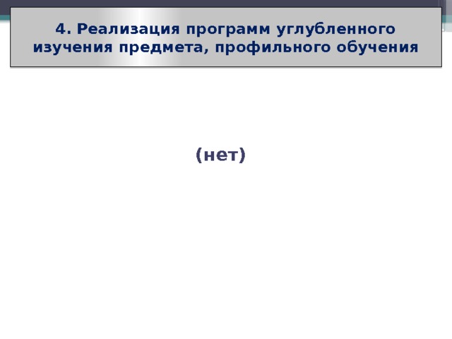 4. Реализация программ углубленного изучения предмета, профильного обучения (нет) 