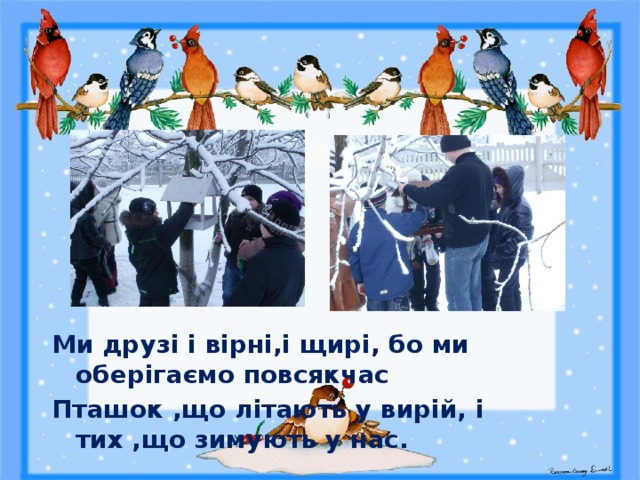 Ми друзі і вірні,і щирі, бо ми оберігаємо повсякчас Пташок ,що літають у вирій, і тих ,що зимують у нас. 