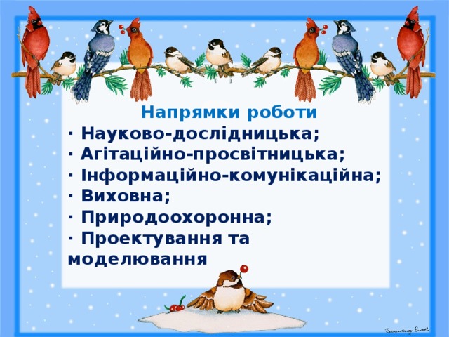   Напрямки роботи · Науково-дослідницька; · Агітаційно-просвітницька; · Інформаційно-комунікаційна; · Виховна; · Природоохоронна; · Проектування та моделювання 