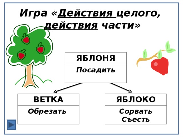 Игра « Действия целого,  действия части» ЯБЛОНЯ   Посадить ЯБЛОКО ВЕТКА     Обрезать Сорвать Съесть 