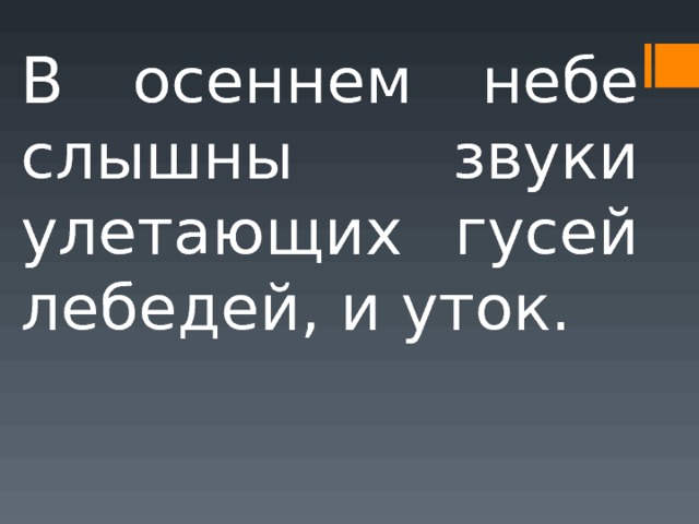 В осеннем небе слышны звуки улетающих гусей лебедей, и уток. 