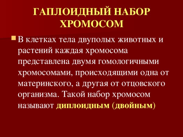 ГАПЛОИДНЫЙ НАБОР ХРОМОСОМ В клетках тела двуполых животных и растений каждая хромосома представлена двумя гомологичными хромосомами, происходящими одна от материнского, а другая от отцовского организма. Такой набор хромосом называют диплоидным ( двойным ) 