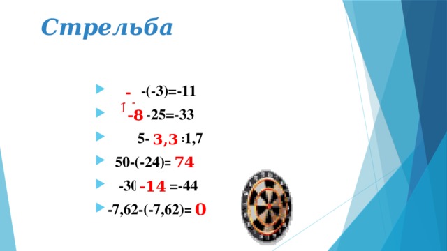 Стрельба  * -(-3)=-11  -*-25=-33  5- * =1,7  50-(-24)=*  -30- * =-44 -7,62-(-7,62)=* -14 -8 3,3 74 -14 0
