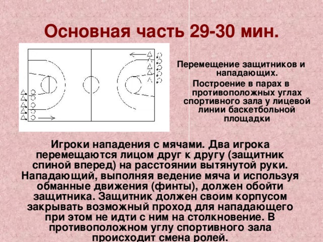 Основная часть 29-30 мин. Перемещение защитников и нападающих. Построение в парах в противоположных углах спортивного зала у лицевой линии баскетбольной площадки Игроки нападения с мячами. Два игрока перемещаются лицом друг к другу (защитник спиной вперед) на расстоянии вытянутой руки. Нападающий, выполняя ведение мяча и используя обманные движения (финты), должен обойти защитника. Защитник должен своим корпусом закрывать возможный проход для нападающего при этом не идти с ним на столкновение. В противоположном углу спортивного зала происходит смена ролей. 