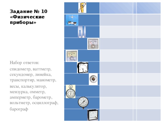                                         Задание № 10 «Физические приборы» Набор ответов: спидометр, ваттметр, секундомер, линейка, транспортир, манометр, весы, калькулятор, мензурка, омметр, амперметр, барометр, вольтметр, осциллограф, барограф
