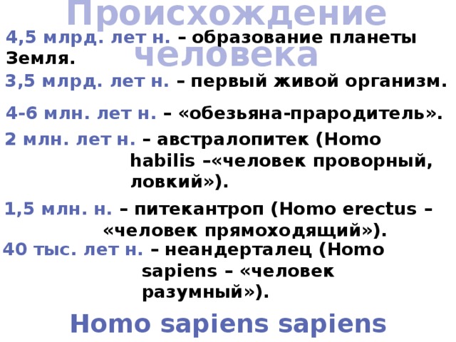 Происхождение человека 4,5 млрд. лет н. – образование планеты Земля. 3,5 млрд. лет н. – первый живой организм. 4-6 млн. лет н. – «обезьяна-прародитель». 2 млн. лет н. – австралопитек (Homo habilis –«человек проворный, ловкий»). 1,5 млн. н. – питекантроп (Homo erectus – «человек прямоходящий»). 40 тыс. лет н. – неандерталец (Homo sapiens – «человек разумный»). Homo sapiens sapiens 