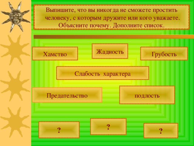 Выпишите, что вы никогда не сможете простить  человеку, с которым дружите или кого уважаете. Объясните почему. Дополните список. Жадность Хамство Грубость Слабость характера подлость Предательство ? ? ? 