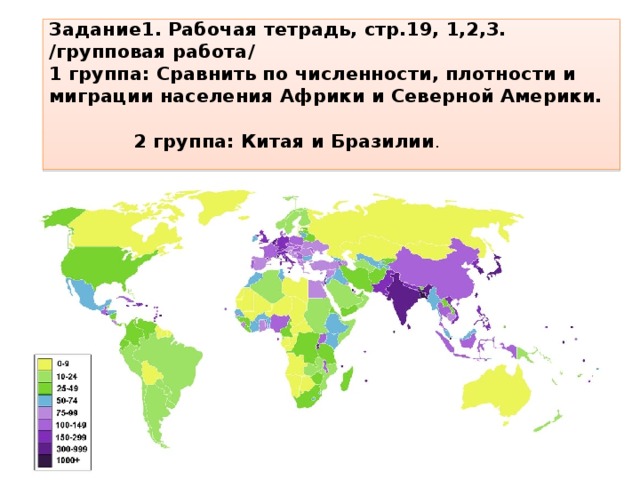 Задание1. Рабочая тетрадь, стр.19, 1,2,3.  /групповая работа/  1 группа: Сравнить по численности, плотности и миграции населения Африки и Северной Америки. 2 группа: Китая и Бразилии .