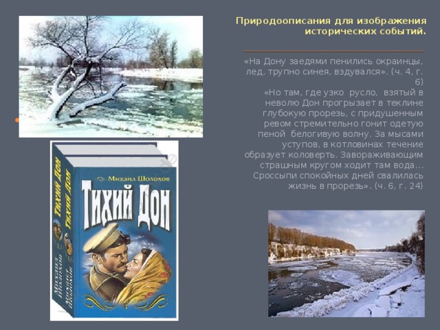 Природоописания для изображения исторических событий.   «На Дону заедями пенились окраинцы, лед, трупно синея, вздувался». (ч. 4, г. 6) «Но там, где узко русло, взятый в неволю Дон прогрызает в теклине глубокую прорезь, с придушенным ревом стремительно гонит одетую пеной белогивую волну. За мысами уступов, в котловинах течение образует коловерть. Завораживающим страшным кругом ходит там вода… Сроссыпи спокойных дней свалилась жизнь в прорезь». (ч. 6, г. 24) 