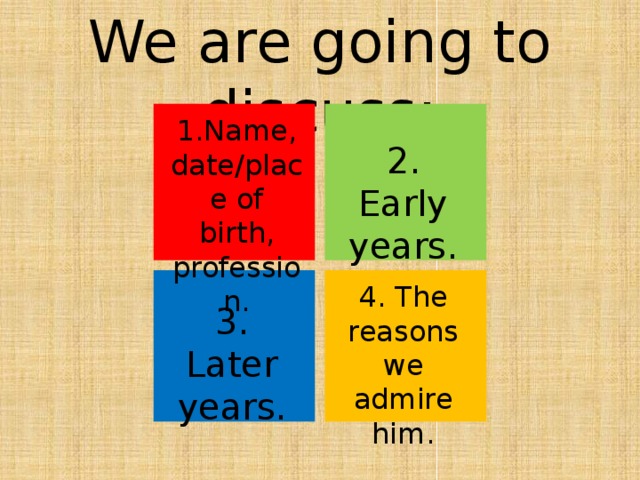 We are going to discuss: 1.Name, date/place of birth, profession. 2. Early years. 4. The reasons we admire him. 3. Later years.