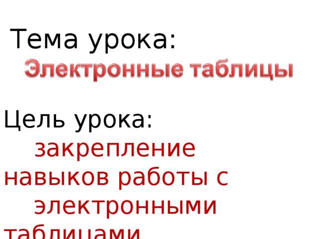 Тема урока: Цель урока:  закрепление навыков работы с  электронными таблицами.