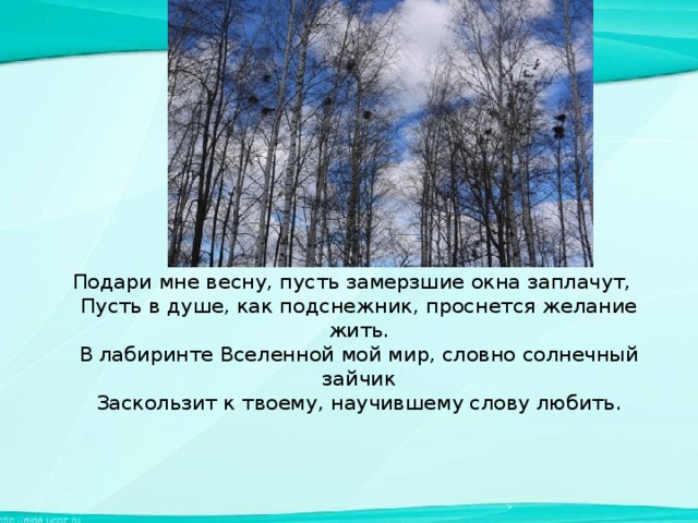 Подари мне весну, пусть замерзшие окна заплачут,  Пусть в душе, как подснежник, проснется желание жить.  В лабиринте Вселенной мой мир, словно солнечный зайчик  Заскользит к твоему, научившему слову любить.    