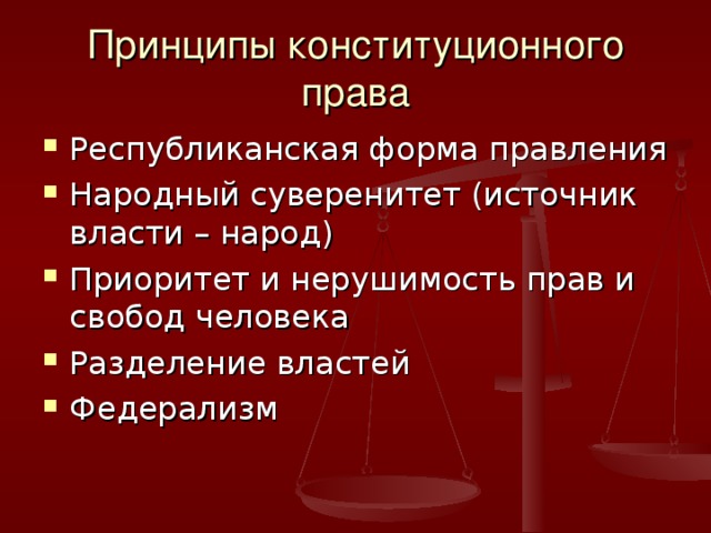 Принципы конституционного права Республиканская форма правления Народный суверенитет (источник власти – народ) Приоритет и нерушимость прав и свобод человека Разделение властей Федерализм 